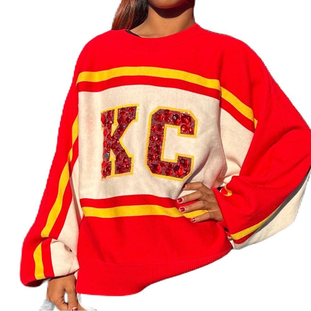 Queen of Sparkles KC Kansas City Chiefs Gem‎ Sparkle Sweater Red Womens XS NWT